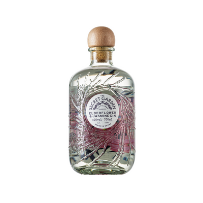 Secret Garden bestselling Elderflower & Jasmine Gin in the embossed recycled glass bottle with bespoke artwork labels representing key botanicals in their formerly pink gin